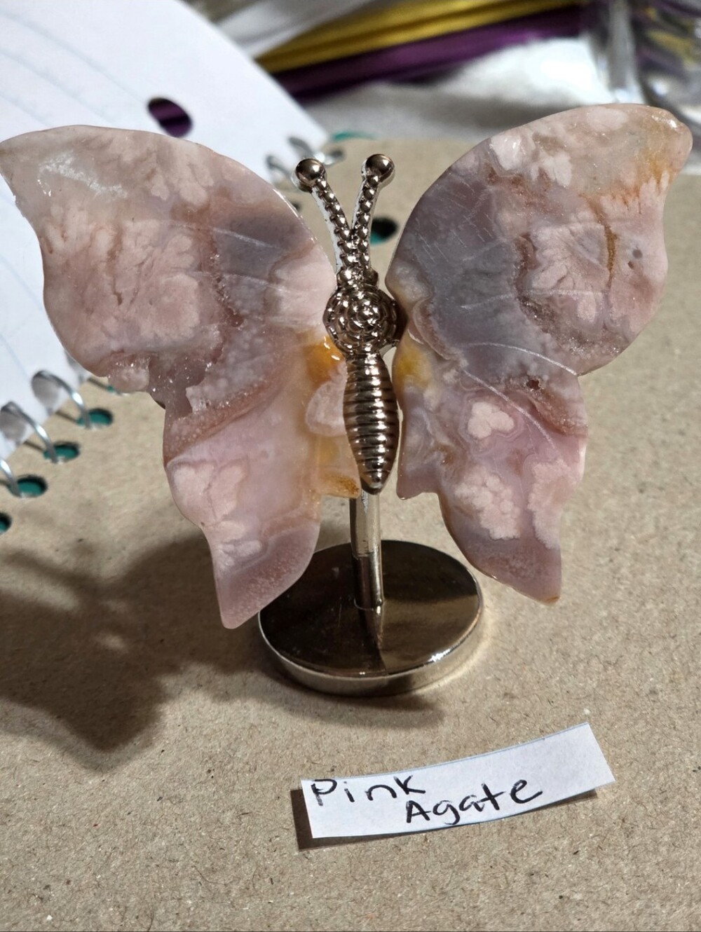 Pink Flower Agate/Cotton Candy Agate Crystal Butterfly Wings On Metal Body Stand